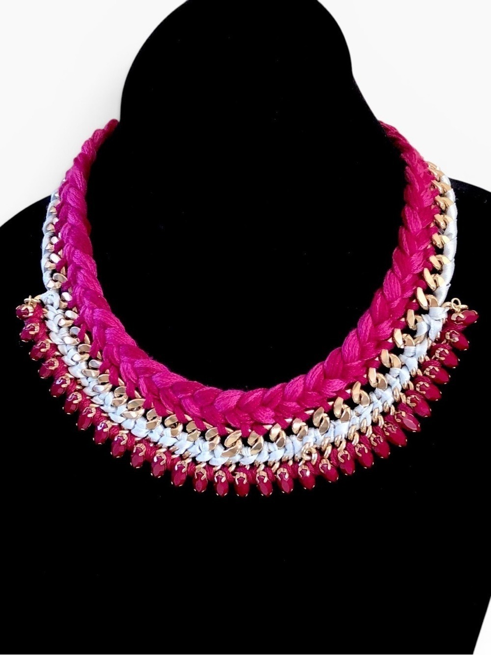 LOFT Braided Collar Necklace Gold Tone Pink White Crystal NWT